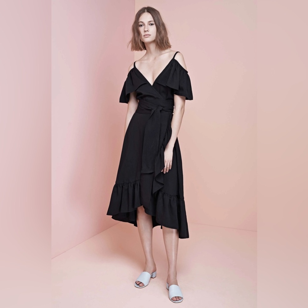 Jill Stuart Kandy Cold-Shoulder Wrap Dress in Noir Size 6